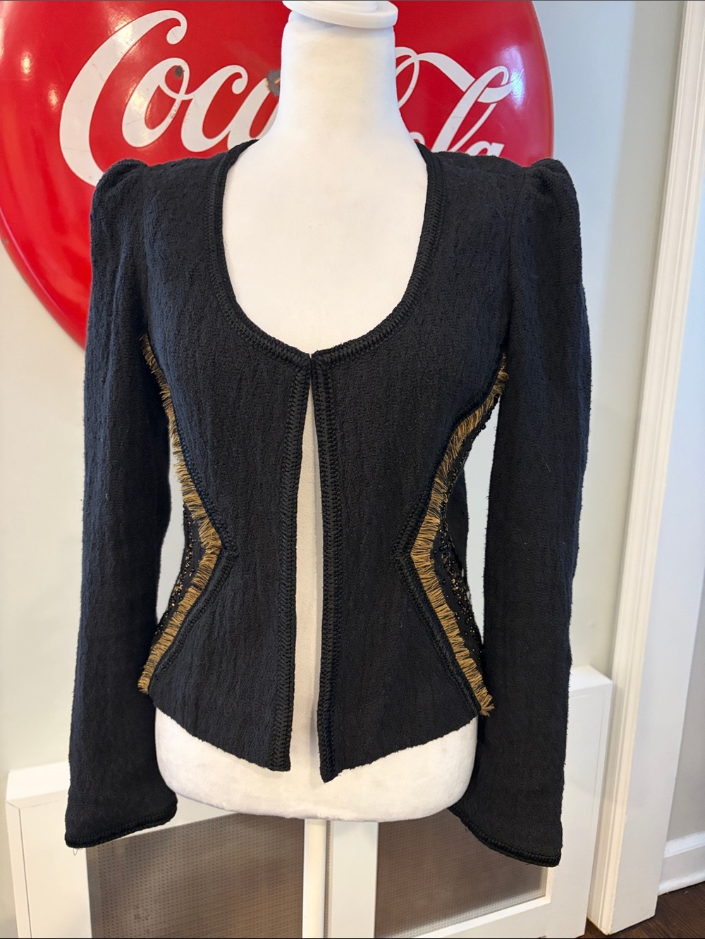 Maison Scotch Sequin Puff Sleeve Bouclé Crop Cotton Jacket Black & Gold, size 2